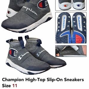 Champion High Top Slip-On Sneakers Gray Navy Logo Strap Men’s 11